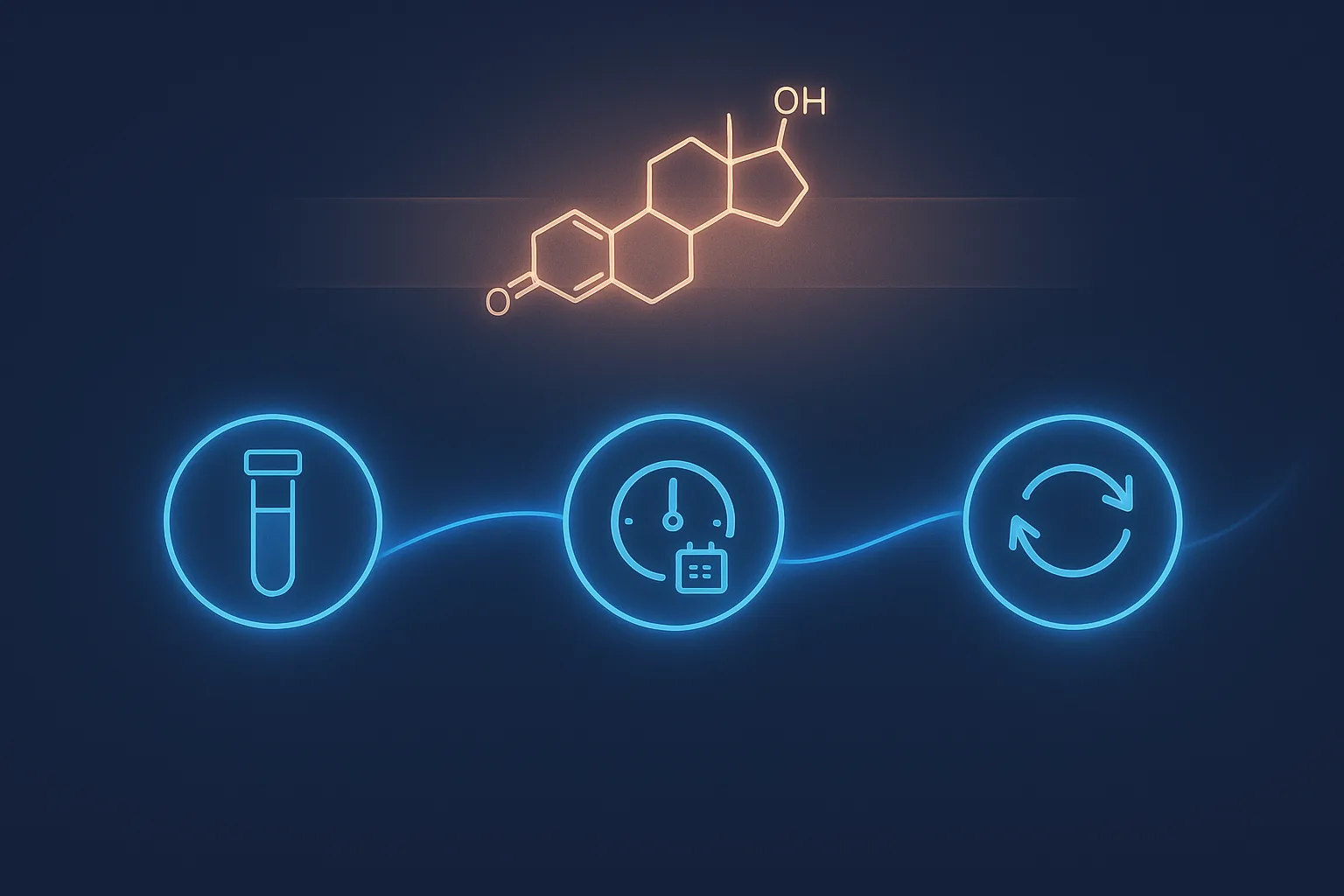 Monitoring timeline for women on testosterone showing baseline total testosterone, recheck at two to three months, and surveillance every six to twelve months with clinical response as the primary signal