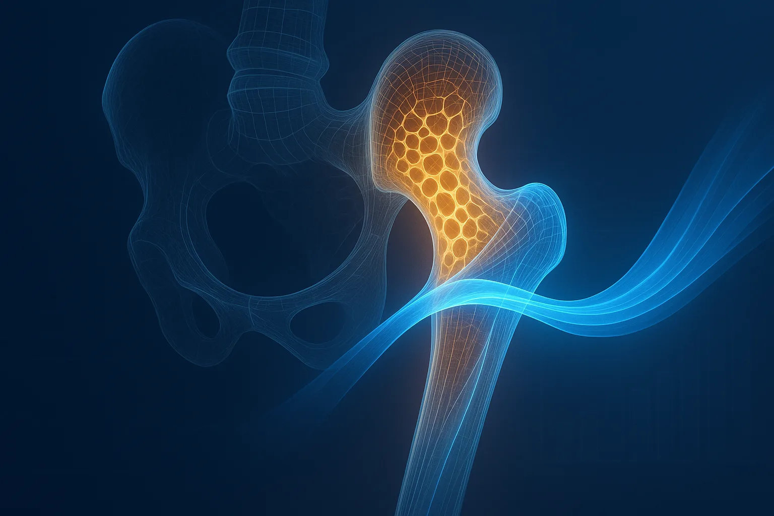 Abstract translucent hip and femur bone rendered as a glowing wireframe, with a dense intact trabecular lattice on one side and a thinning porous lattice on the other, representing the bone-protective effect of early hormone therapy