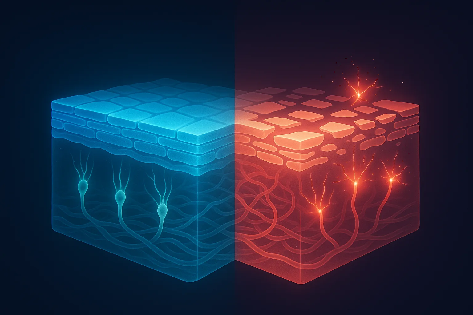 Skin cross-section showing how estrogen loss thins the barrier and exposes sensory nerves