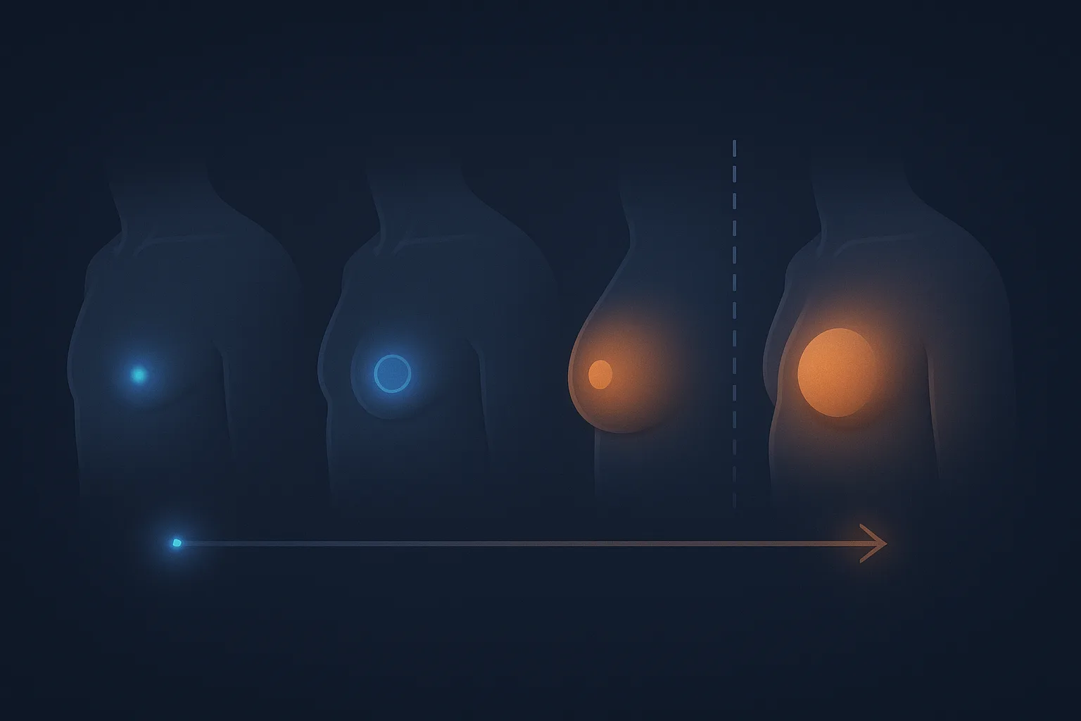 Diagram showing the four stages of gynecomastia development on TRT from sensitivity to established fibrotic tissue