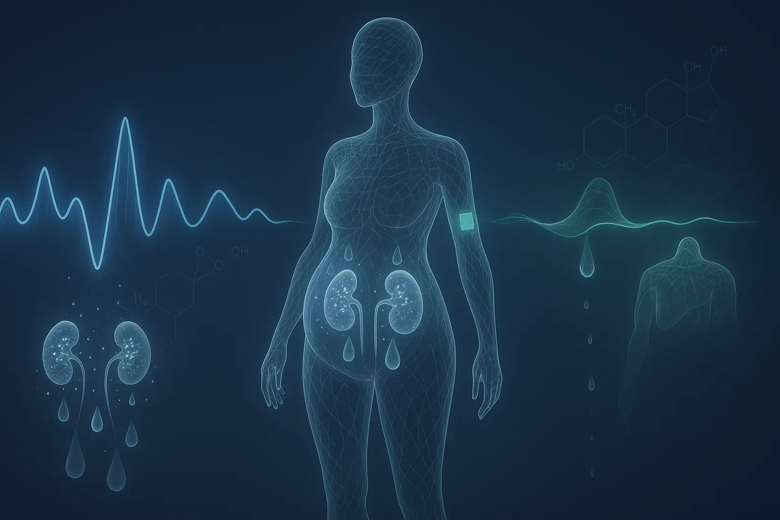 Abstract female silhouette showing estrogen-driven sodium and water retention as fluid pooling, balanced against transdermal delivery restoring steady balance