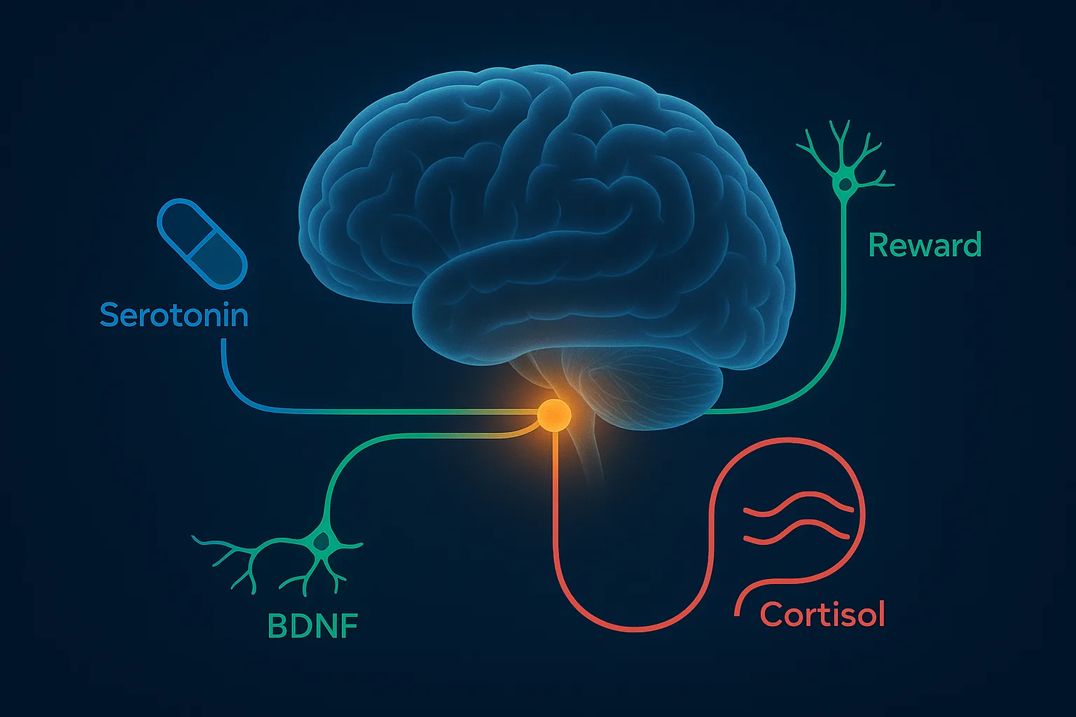 Diagram of how low testosterone affects mood through serotonin, dopamine, BDNF, and the HPA stress axis, alongside SSRI action