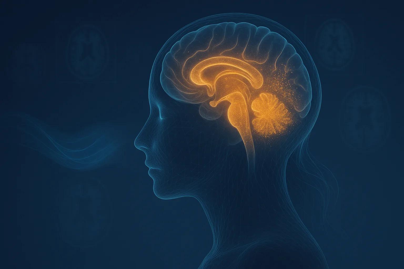 Abstract female brain with hippocampus, entorhinal cortex, and anterior cingulate regions thinning, representing menopause-related grey matter loss