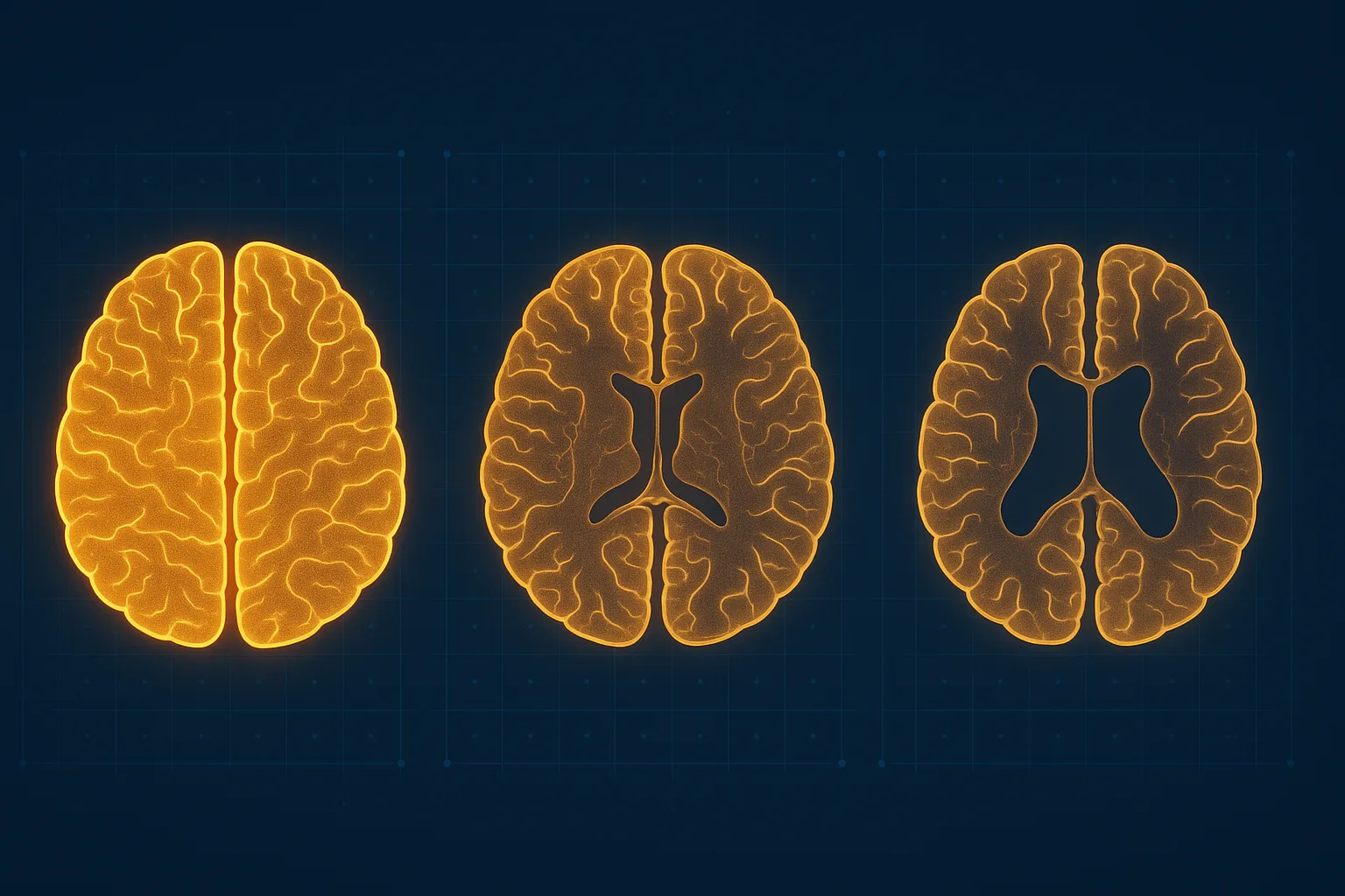 Three brain cross-sections compared side by side showing pre-menopausal dense grey matter and reduced grey matter in post-menopausal and HRT groups