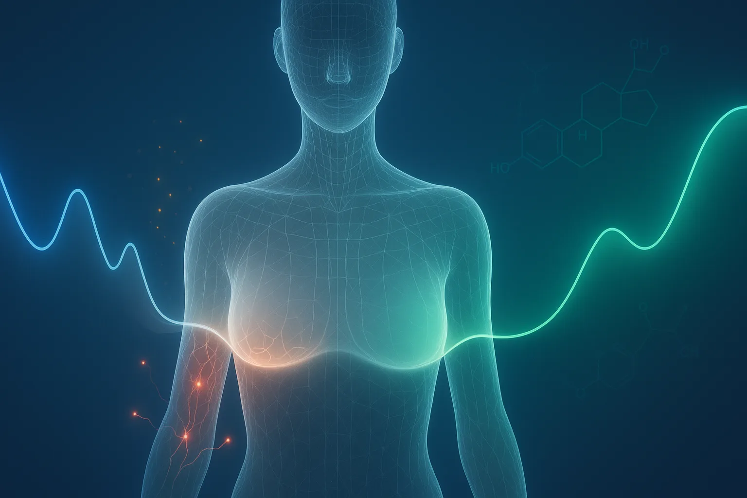 Translucent female silhouette showing estrogen decline thinning the skin barrier and triggering itch nerve signals