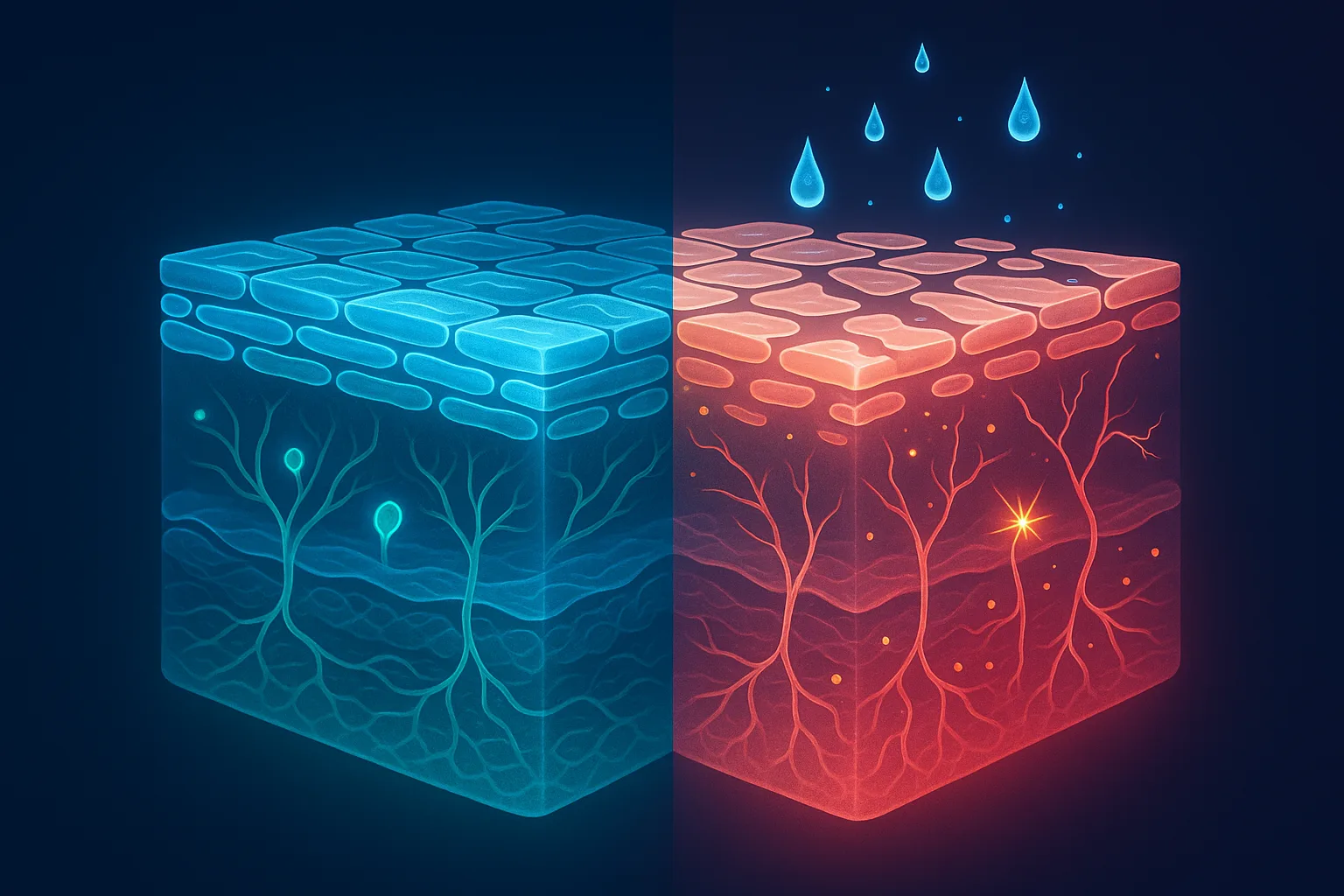 Cross-section of skin showing a healthy hydrated barrier on the left and a thin fragmented barrier with agitated nerve endings on the right after estrogen decline