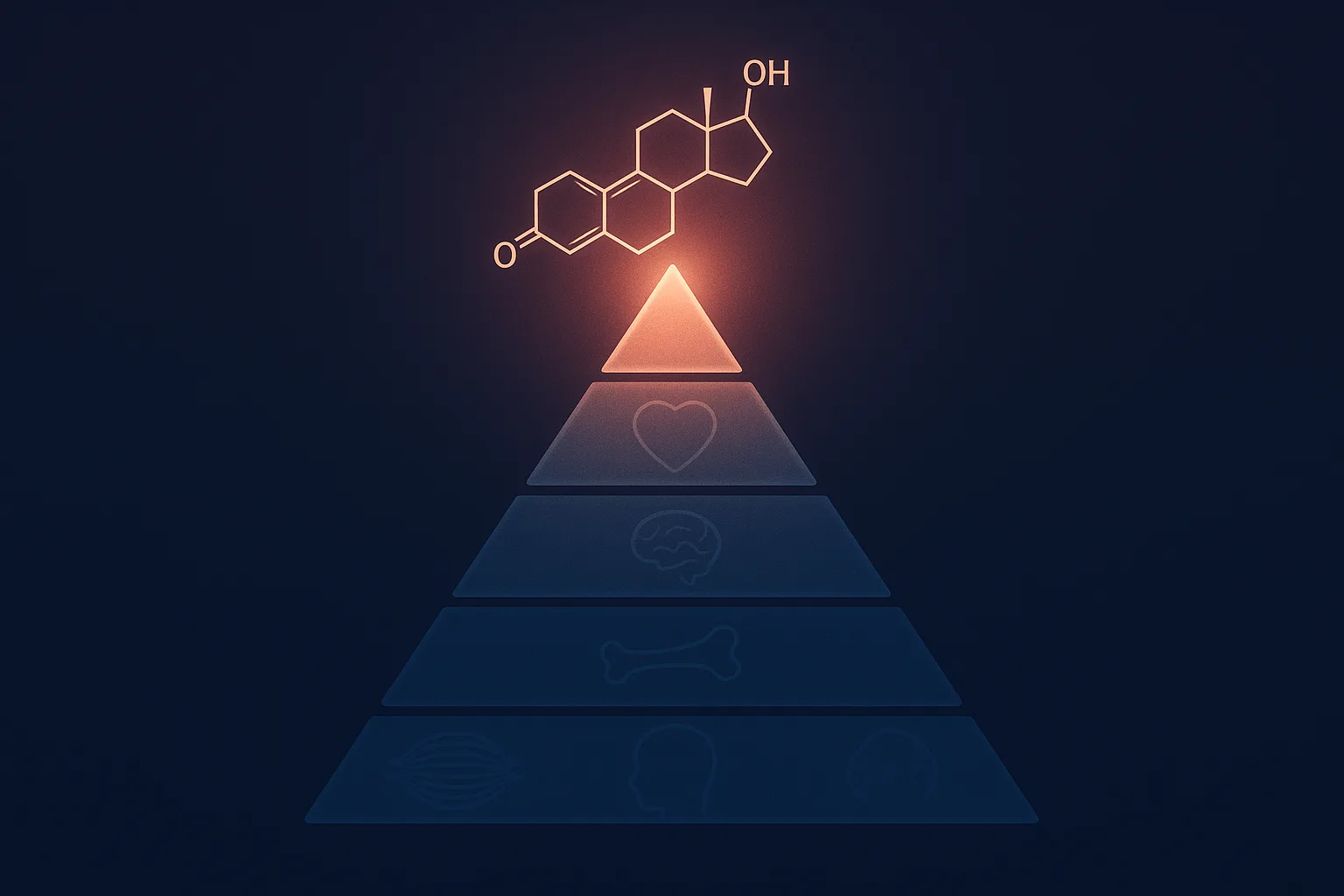 Evidence pyramid for testosterone in women showing HSDD at the top with strongest randomized evidence and other indications below with weaker observational data only
