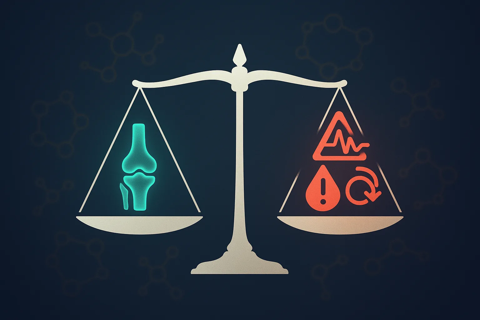 Illustration contrasting the proposed joint benefit of nandrolone against its documented risks: sexual side effects, axis suppression, and adverse lipids
