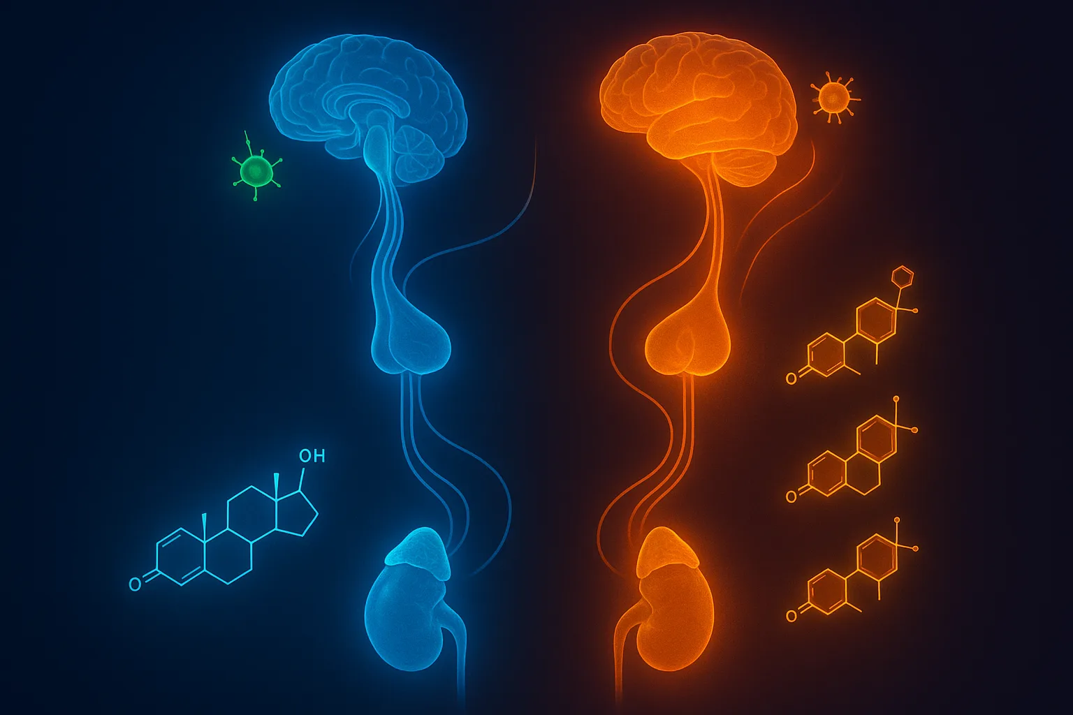 Hypothalamus-pituitary-adrenal axis activation when androgens drop, with stress hormone cascade and weakened brain immune surveillance