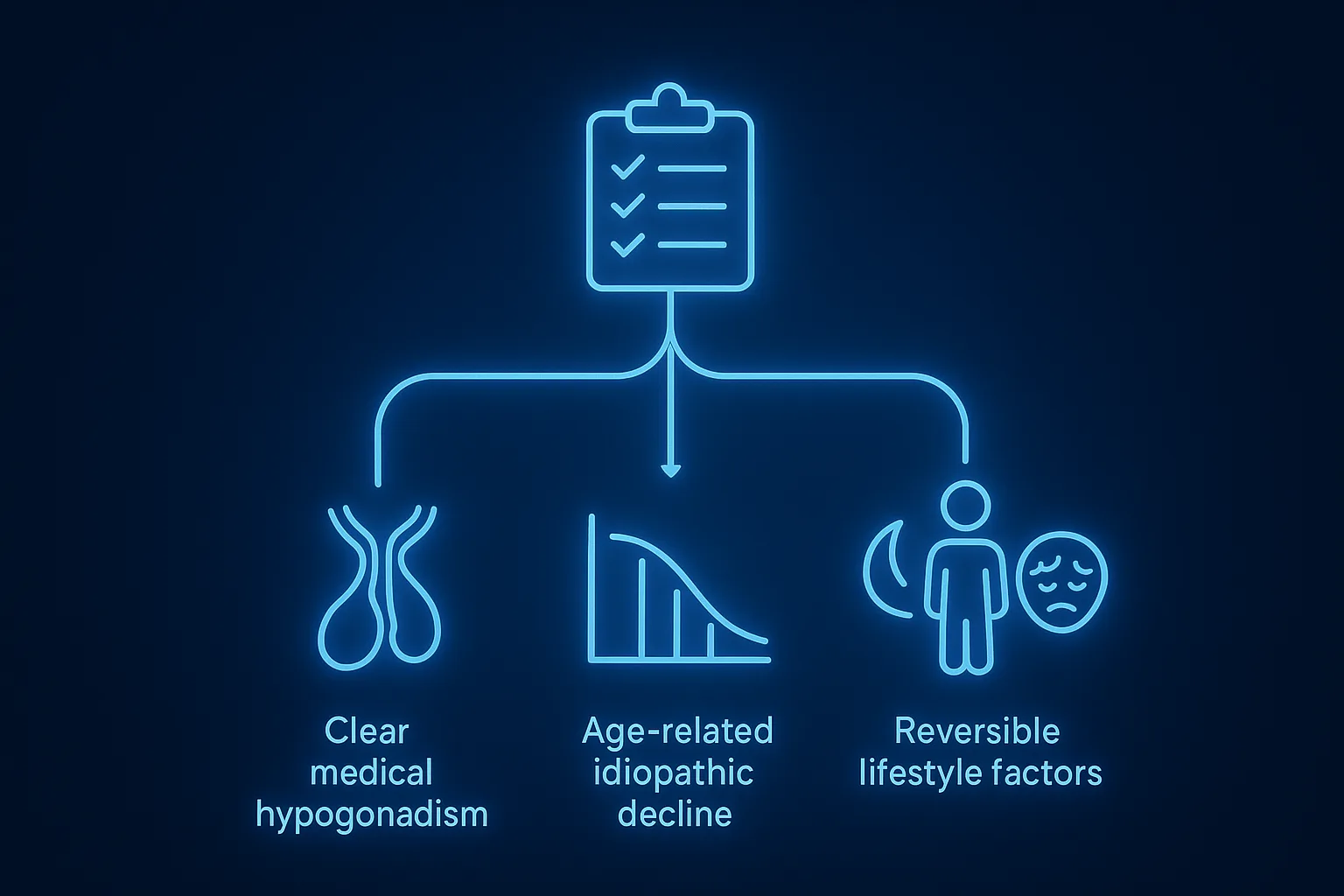 Decision tree for hypogonadism diagnosis: clear medical, age-related idiopathic, lifestyle-reversible