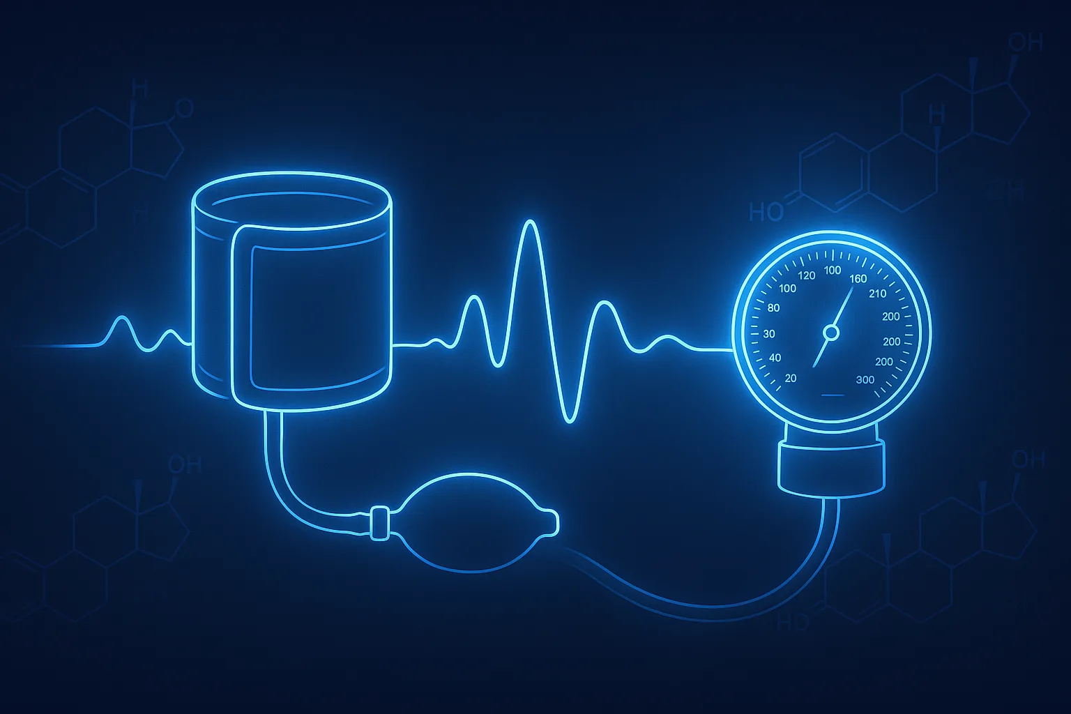 TRT and blood pressure — clinical illustration showing systolic and diastolic monitoring on dark navy background