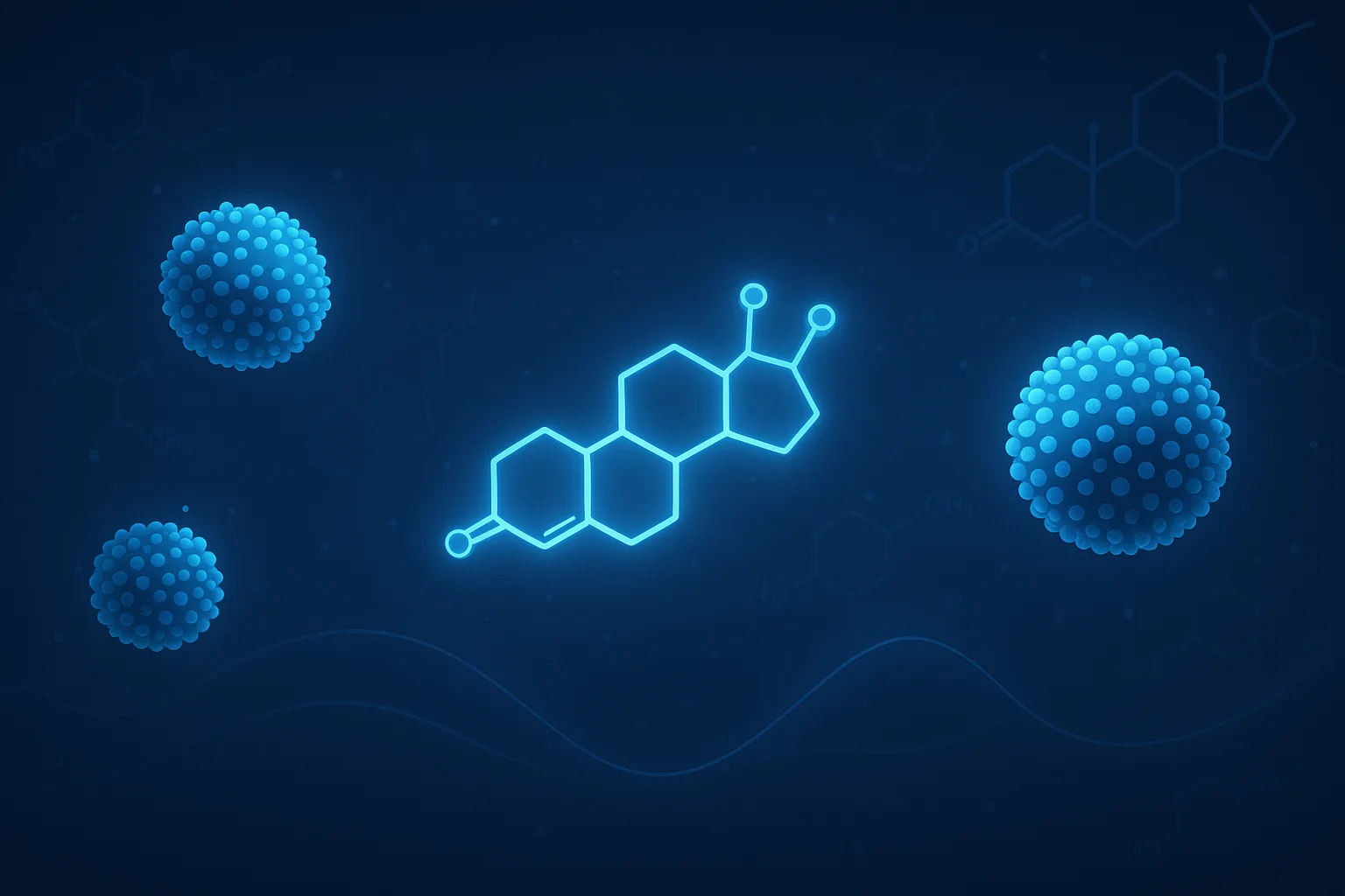 TRT and cholesterol — clinical illustration of HDL, LDL, and triglyceride lipid changes on testosterone therapy, dark navy background